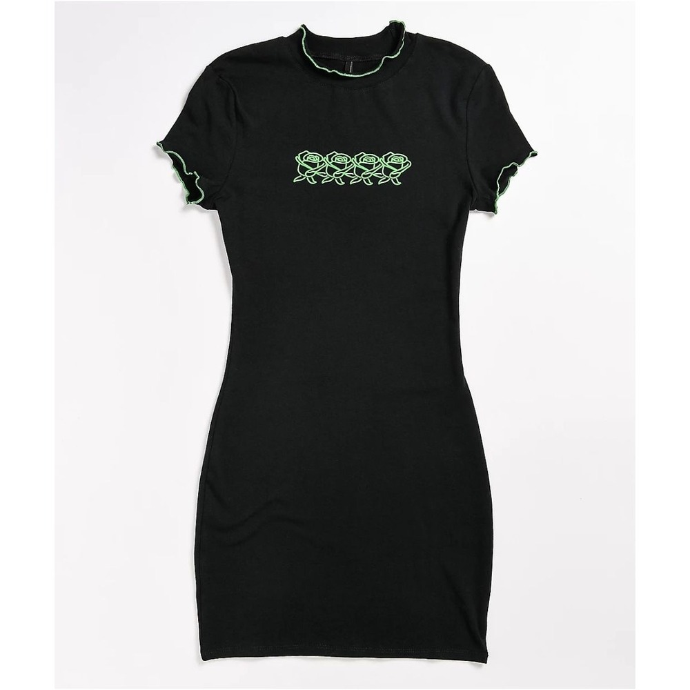 A.Lab Zumiez Blak Bodycon Neon Green Rose Print Ruffle Neck Mini Dress XS - Picture 2 of 16
